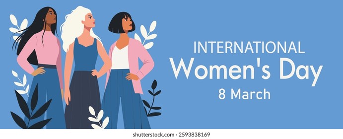 Women's Day. March 8. Feminism. Different women stand together and look up to the future, fighting for gender equality and women's empowerment. Vector illustration, suitable for women's projects