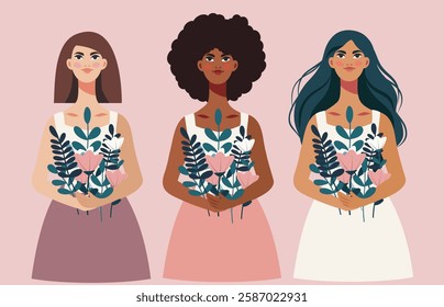 Women's Day. March 8. Girls women of different skin colors and nationalities with a spring bouquet of flowers in their hands on a pink background. Vector illustration for women's projects and holidays