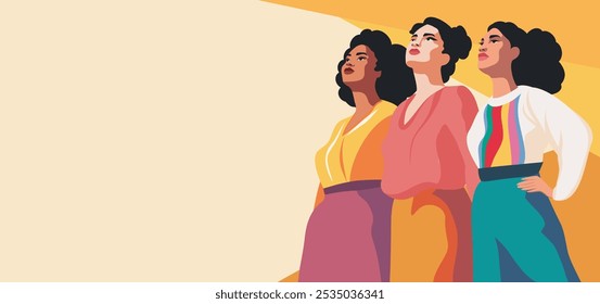 Dia da Mulher. 8 de março. Grupo de diferentes mulheres, meninas de diferentes culturas e cores de pele em pé e olhando para cima. Feminismo. Igualdade de gênero e empoderamento das mulheres. Banner do vetor