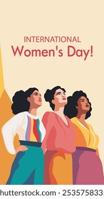 Women's day. March 8. Group of different women, girls of different cultures and skin colors standing together and looking up. Feminism. Gender equality and women empowerment. Vector banner.