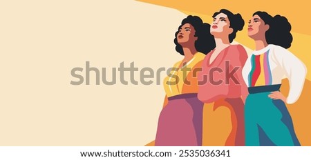 Women's Day. March 8. Group of different women, girls of different cultures and skin colors standing together and looking up. Feminism. Gender equality and women's empowerment. Vector banner