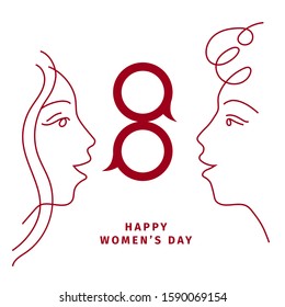 Women's Day. March 8 - International  day of woman's rights. Poster, banner, postcard. Creative concept. Vector illustration. Line drawing of girls faces. Speech bubbles. Relationships of women.