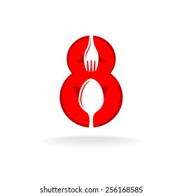 Women's day March 8 number symbol. Holiday restaurant menu title logo decoration. Spoon and fork silhouettes.