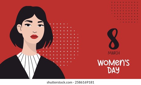 Women's Day March 8 poster. Stylish Cute Woman. Modern Minimalist Female Portrait on red background. Holiday Horizontal Banner. Vector illustration