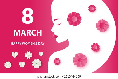 Women's Day March 8 sale vector banner design with silhouette of lady and paper flower in pink background for International Women's Day for greeting card, posters, banners, sale design,web marketing.