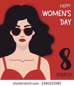 Women's Day March 8. Stylish Woman with sunglasses. Holiday poster. Modern Minimalist Female Portrait on red background. Vector illustration