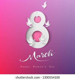 Womens day March 8, symbol in paper cut style with pigeons shadows. International Women's day pink background. Vector illustration. 