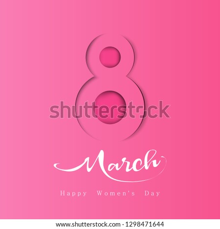 Womens day March 8, symbol in paper cut style with shadows. International Women's day pink background. Vector illustration. 