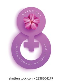 Women's day march 8 vector concept design. Women's day international text in number eight shape with woman sign, symbol and icon in elegant purple color. Vector illustration.
