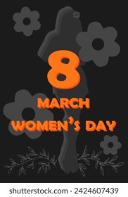 Women's Day, March 8. Vector illustration in honor of Women's Day. Multicolored backgrounds. Silhouettes of women. Silhouettes of butterflies and flowers. Color harmony. Text on March 8