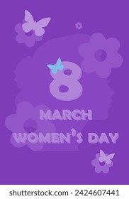 Frauentag, 8. März. Vektor-Illustration zu Ehren des Frauentages. Mehrfarbige Hintergründe. Silhouetten von Frauen. Silhouetten von Schmetterlingen und Blumen. Farbharmonie. Text am 8. März