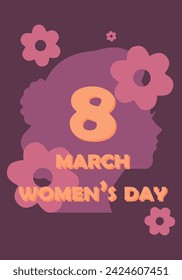 Día de la Mujer, 8 de marzo. Ilustración vectorial en honor del Día de la Mujer. Fondos multicolores. Siluetas de mujeres. Siluetas de mariposas y flores. Armonía de colores. Texto del 8 de marzo