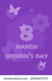 Frauentag, 8. März. Vektor-Illustration zu Ehren des Frauentages. Mehrfarbige Hintergründe. Silhouetten von Frauen. Silhouetten von Schmetterlingen und Blumen. Farbharmonie. Text am 8. März