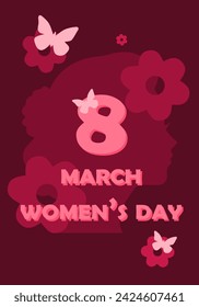 Women's Day, March 8. Vector illustration in honor of Women's Day. Multicolored backgrounds. Silhouettes of women. Silhouettes of butterflies and flowers. Color harmony. Text on March 8