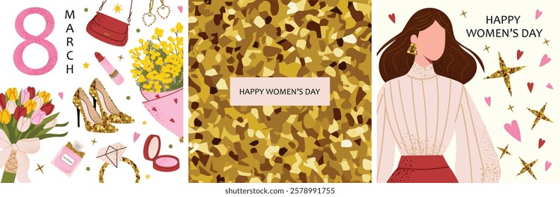 Women's Day, March 8. Vector illustrations of fashion, beauty, flowers, feminine accessories, gold, and celebration. Drawings for postcard, greeting card, poster, and invitation. Collection elements.