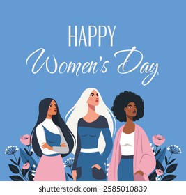 Women's Day. March 8. Vector illustration, place for text. Different women together against the sky, fighting for gender equality and women's empowerment. Suitable for women's projects