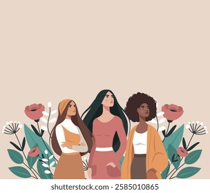 Women's Day. March 8. Vector banner. Different women together against the background of spring flowers, fighting for gender equality and women's empowerment. Suitable for women's projects