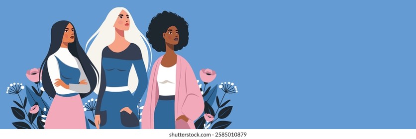 Women's Day. March 8. Vector horizontal banner, place for text. Different women together against the sky, fighting for gender equality and women's empowerment. Suitable for women's projects