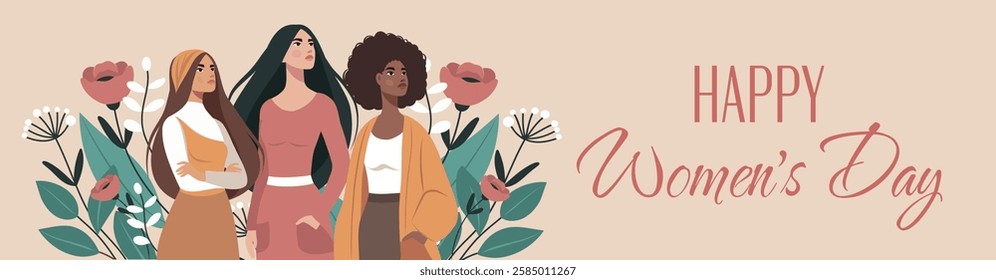 Women's Day. March 8. Vector horizontal banner. Different women together against the background of spring flowers, fighting for gender equality and women's empowerment. Suitable for women's projects