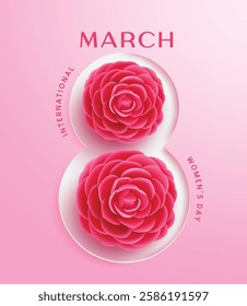 Women's day march 8 vector design. International women's day with camellia and rose flower in number eight shape concept in pink background. Vector Illustration.
