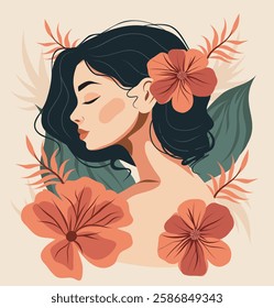 Women's day. March 8. Vector portrait of a beautiful girl woman. Side pose. Background nature, flowers, leaves. Illustration for women's projects and holidays