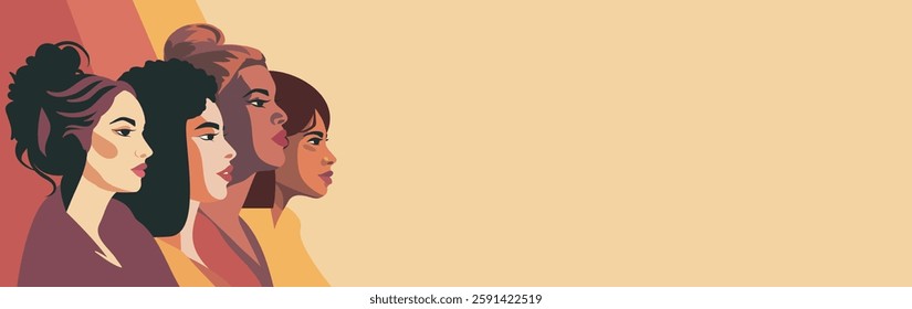 Women's Day. March 8. Vector horizontal illustration, space for text. Women of different cultures stand together, women empowerment, freedom struggle, gender equality. Suitable for women's projects