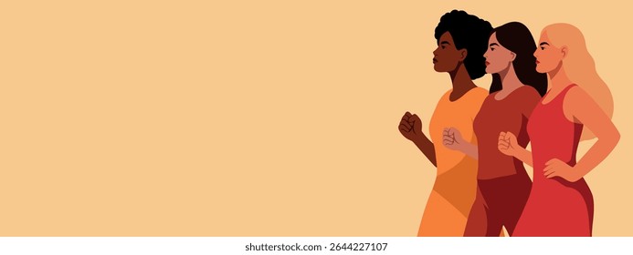 Dia da Mulher 8 de março. Banner vetorial com espaço para texto, três belas mulheres de diferentes culturas caminhando juntas. Movimentos em prol da igualdade de gênero e do empoderamento das mulheres. Feminismo