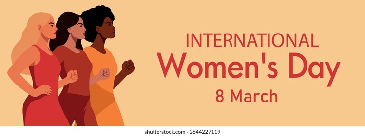 Dia da Mulher 8 de março. Banner vetorial com espaço para texto, três belas mulheres de diferentes culturas caminhando juntas. Movimentos em prol da igualdade de gênero e do empoderamento das mulheres. Poder feminino e feminismo
