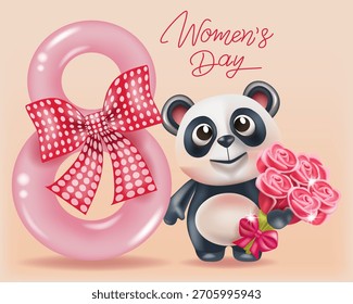 Women's Day, March 8, vector image with a Panda character holding a bouquet of flowers and a figure eight with a bow.