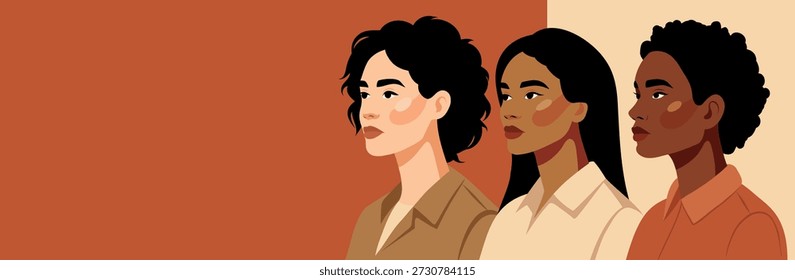 Día de la Mujer, 8 de marzo. Ilustración vectorial con espacio para mujeres de diferentes culturas, nacionalidades juntas. Paleta beige. Feminismo, libertad. Movimiento por la igualdad de género, el empoderamiento de la mujer