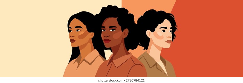 Día de la Mujer, 8 de marzo. Vector Anuncio Horizontal con espacio para mujeres de texto de diferentes culturas, nacionalidades juntas. Paleta beige. Feminismo, libertad. Por la igualdad de género, el empoderamiento de la mujer