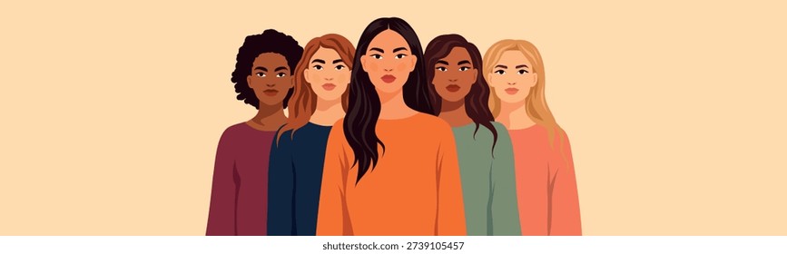 Women's Day, March 8. Vector vertical banner, women of different cultures, nationalities standing together. Supporting diversity, feminism, freedom, the gender equality movement, women's empowerment