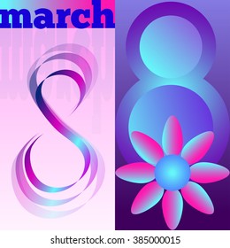  Women's day - March 8. Vector illustration. Greeting card with flower and ribbons. The blue and pink background, with gradient  