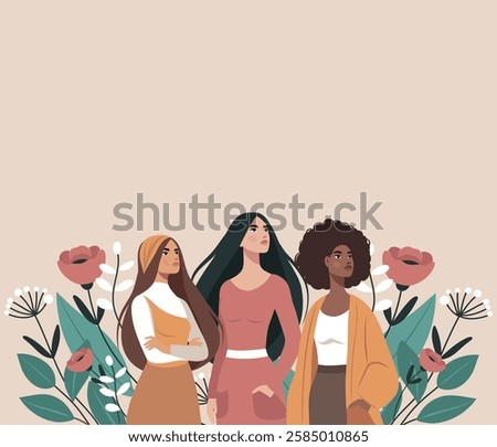 Women's Day. March 8. Vector banner. Different women together against the background of spring flowers, fighting for gender equality and women's empowerment. Suitable for women's projects