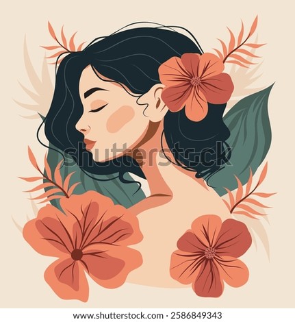 Women's day. March 8. Vector portrait of a beautiful girl woman. Side pose. Background nature, flowers, leaves. Illustration for women's projects and holidays