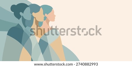 Women's Day. March 8. Vector abstract illustration different female silhouettes. Symbol diversity, women's empowerment. Template with space for text for social media, women's projects