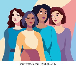 Women's day. March 8. Women, girls of cultures and skin colors stand together. Feminism. Gender equality and women empowerment. Vector abstract flat banner