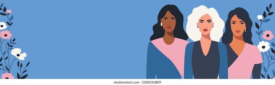 Women's Day. March 8. Women of different skin colors and cultures stand together against a backdrop of sky and flowers, gender equality, women's empowerment and women's rights. For women's projects