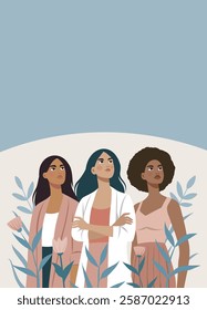 Women's day. March 8. Women of different skin colors and cultures stand together against the sky and flowers, women empowerment and women's rights. Vector illustration with place for text