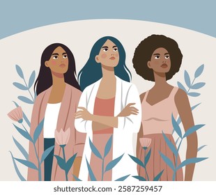 Women's day. March 8. Women of different skin colors and cultures stand together against the sky and flowers, women empowerment and women's rights, gender equality. Vector illustration