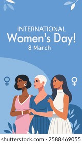 Women's Day. March 8. Women of different skin colors and cultures stand together against the sky and flowers. Women's empowerment. Vector illustration with space for text for women's projects