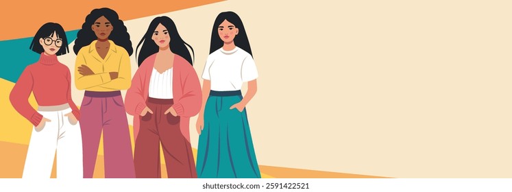 Women's day. March 8. Women of different skin colors cultures stand together, women empowerment, freedom fight, gender equality. Vector horizontal bright illustration. Suitable for women's projects