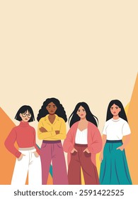 Women's day. March 8. Women of different skin colors cultures stand together, women empowerment, freedom fight, gender equality. Vector vertical bright illustration. Suitable for women's projects