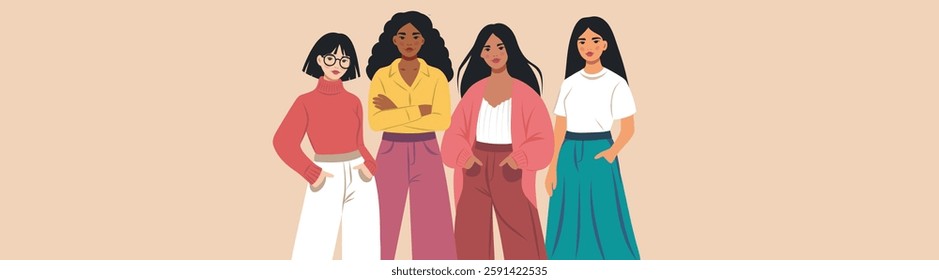 Women's day. March 8. Women of different skin colors cultures stand together, women empowerment, freedom fight, gender equality. Vector vertical illustration. Suitable for women's projects