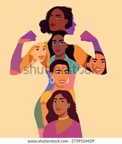 Women's Day, March 8th. Bright vector banner portraits of diverse women united by strength in a single silhouette. Symbol of unity, equality, feminism, diversity, motivation, women's empowerment