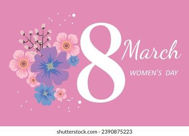 Día de la Mujer 8 de marzo. Tarjeta de felicitación con número ocho y flores. Ilustración vectorial.