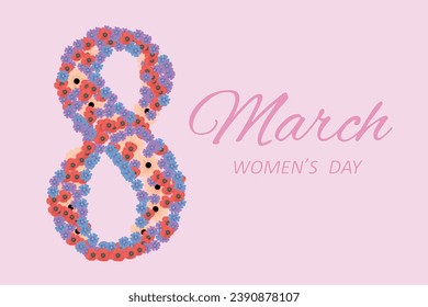 Día de la Mujer 8 de marzo. Tarjeta de felicitación con número ocho y flores. Ilustración vectorial.