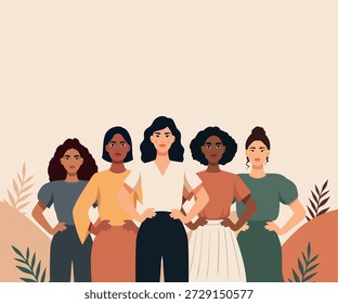 Dia da Mulher, 8 de março. Ilustração vetorial com um lugar para texto, diferentes mulheres se reúnem com confiança, diferentes grupos étnicos. Pela unidade, diversidade, igualdade, poder. Fundo do pastel