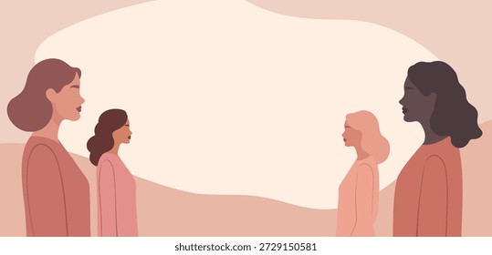 Women's Day, March 8th. Vector banner with a place for text, different women standing in profile to each other. Diversity, equality. Abstract background. Use for projects women's health, empowerment - Powered by Shutterstock - Get 15% off with code: PIKWIZARD15