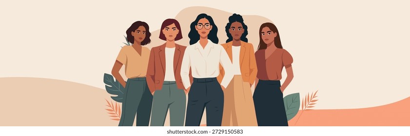 Women's Day, March 8th. A vector illustration with a place for text, different women confidently stand together, different ethnic groups. Pastel background. For unity, diversity, equality, empowerment